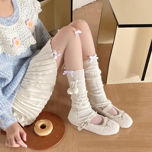 HYTENSUN Knit Leg Warmers with Pom-Poms Cute Winter Boot Socks for Teens Women Soft Ribbed Warmers for Skirts Dresses4