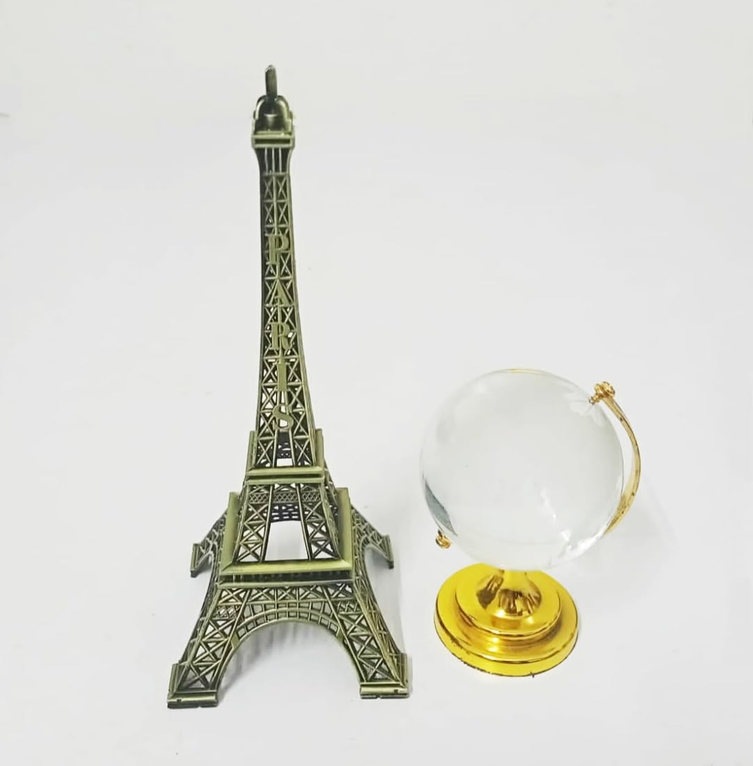 PARIS Eiffel Tower in metal or Crystal globe Combo Set of Showpiece, Home Decor, Table Top For Success Good Luck, World Globe (Small Transparent)