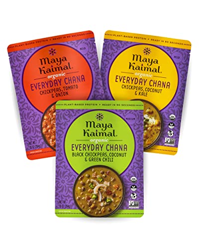 MAYA KAIMAL Organic Indian Everyday Chana Variety Pack - 10oz, PACK of 3 - 3 Flavors: Tomato & Onion, Coconut & Kale, Coconut & Green Chili | Microwaveable, Ready to Eat, Fully Cooked Chickpeas, Vegan