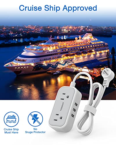 Mini Power Strip With 3 Usb Ports, Tessan 2 Outlet Portable Flat Plug Strip With 5 Ft Small Extension Cord, No Surge Protector For Cruise Ship Essentials Travel #TOP2