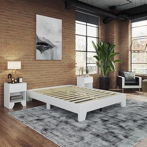 Boyd Sleep Lugano Platform Bed Frame - Modern Minimalist Design, Solid Wooden Slat Support, No Box Spring Needed, Easy Assembly, Noise-Free Construction, Sleek Bedroom Furniture, White, Queen Cover