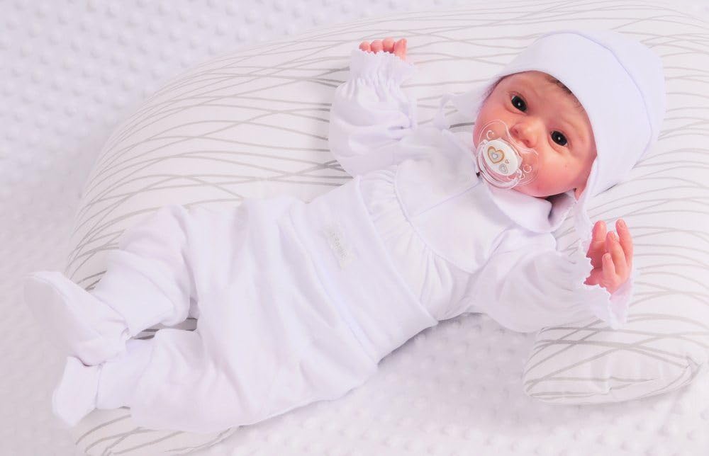 Baby Anzug 3-teilig Set Body Hose mit Fuß Mütze Weiß Mädchen Babykleidung Neugeborene bequem weich Babyset Geschenk Geburt Erstlingskleidung Babymode atmungsaktiv Baby Outfit
