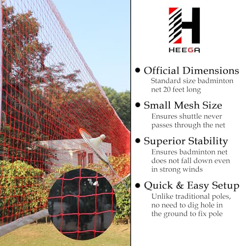 Image of Heega Nylon Badminton Net All-Weather | for Indoor & Outdoor Courts | Professional & Practice Play & Plant safty Perpuse | Tournament-Competition Quality (Pack of 1) 20x2.5 ft (Red)
