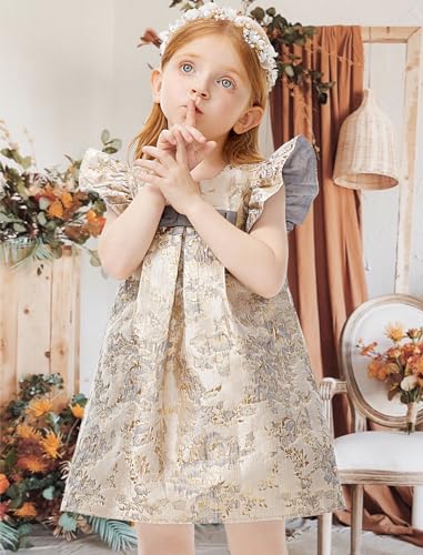 Girls Floral Dress Ruffle Sleeve A-Line Golden Jacquard Midi Dress for Girls Festival4