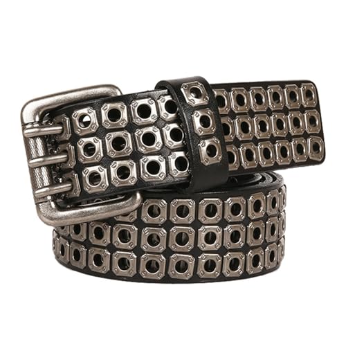 3 Row Grommet Genuine Leather Belt for Women Men Punk Style Distressed Personalized Hip-Hop Goth Belt