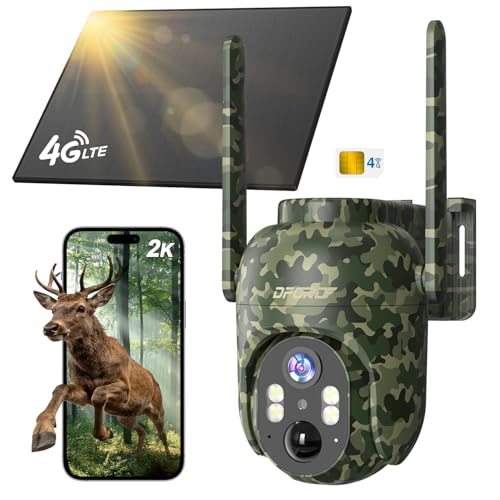 DFGRD 4G LTE Caméra de Chasse Solaire Extérieure sans Fil, 2K HD Caméra Surveillance avec Carte SIM, Caméra Autonome sans WiFi, Détection de Mouvement,...