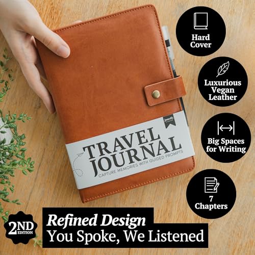 Image of Travel Journal with Prompts (Hardcover) 2nd Edition - Vegan Leather Adventure Essential - 2-Page-A-Day Travel Journal (40 Days) for Women Men Nonbinary - A5 Daily Diary & Traveler Notebook - Gift - Present