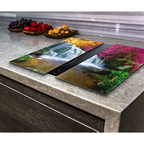 Hob Cover , Chopping Board, Toughened Glass, Waterfall Thailand, Set of 2 , Va Art Glass (2X Wide 30 x Height 52/cm) Cover