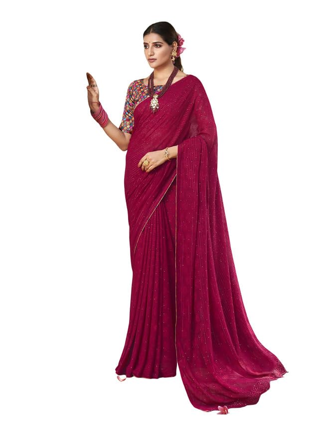 Satrani Women's Georgette Stone Work & Jacquard Saree With Unstitched Blouse Piece (3333S327N_Dark Pink)