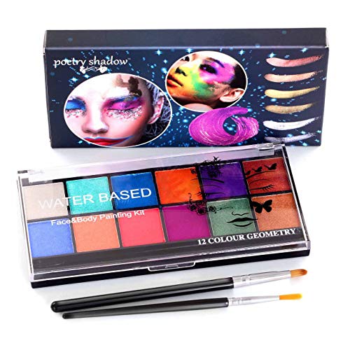 Ccbeauty 12 Colors Water Activated Face Body Paint Sfx Sparkle Glitter Makeup Palette Non Toxic Halloween Special Effect Costume Cosplay Birthday Party Theater & Stage Painting Kit With 2 Art Brushes #TOP23