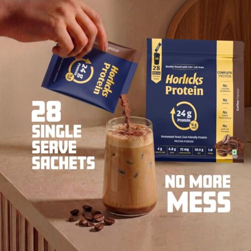 Image of Horlicks Protein Powder 1 Kg Pack | 24g Protein, 4g Fibre per serve | Coffee Flavour | 28 Daily Use Sachets | Fermented Yeast Isolate | Gut-Friendly Protein | Complete | For Men & Women