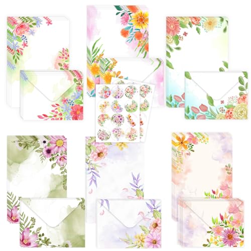 72pcs Watercolour Floral Letter Writing Set, 24 Flower Writing Paper with 24 Matching Envelopes and 24 Sealing Stickers, Coloured Stationery Sets for Women Girls, for Love Letter,Notelets,Invitations