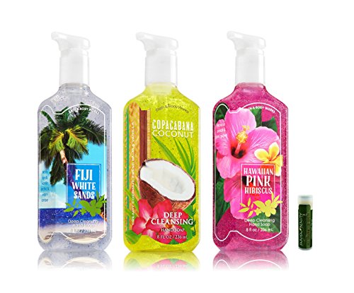 Bath & Body Works Deep Cleansing Hand Soap BY THE SEA Variety Pack - Copacabana Coconut, Fiji White Sands & Hawaiian Pink Hibiscus - Pack of 3 With a Jarosa Bee Organic Peppermint Lip Balm