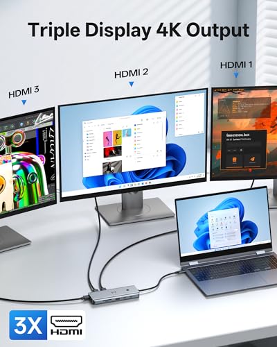 Image of USB C Docking Station 3 HDMI, Selore 13-in-1 Docking Station 3 Monitors with Triple HDMI, 10Gbps USB A /C 3.1, 100W PD Charging, Gigabit Ethernet, SD /microSD Reader for Windows Laptops Dell /HP /Lenovo