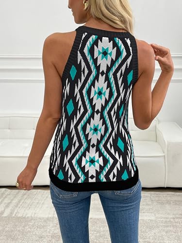 Image of MARZXIN Women Sleeveless Sweater Tank Round Neck Casual Aztec Geometric Knit Sweater Top