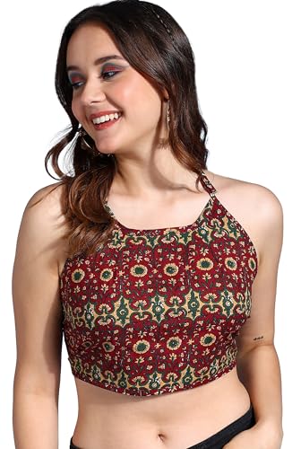 Image of Yash Gallery Women's Regular Fit Cotton Geomatrical Handblock Printed Freesize Backless Sleeveless Blouse