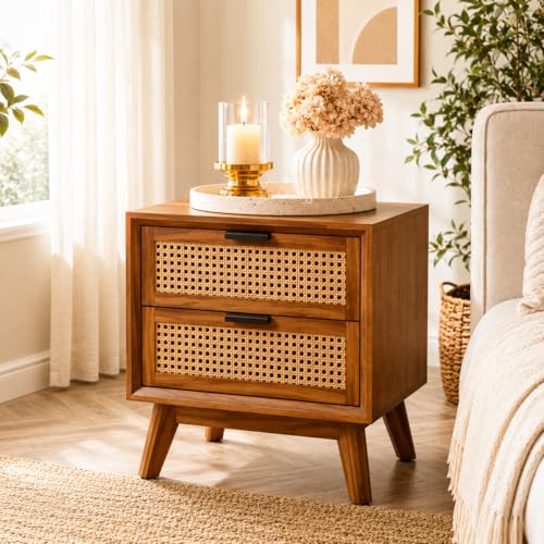 Image of Wooden Bedside Table for Bedroom | Wooden Bed Side Nightstand Lamp Table with 2 Drawers Storage | Premium Solid Wood Side End Table for Living Room, Office | Rattan Cane- Honey Finish