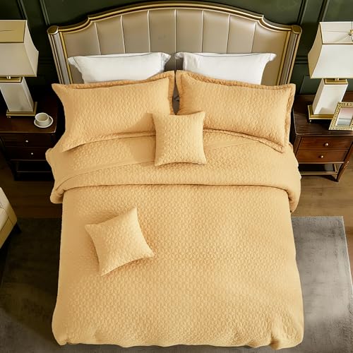 Image of Oversized King Bedspread 128x120 Extra Wide, Diamond Geometric Quilt Set King /Cal King, Lightweight Reversible Coverlet, Straight Edge - Warm Contemporary Look, 5 Piece, Honey Gold