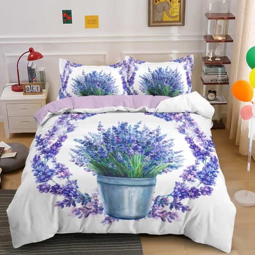 布団カバー シング ラベンダー 掛け布団カバー寝具セット布団カバー(170x210cm) + 2枕カバー(43x63cm), 四季通用 柔らかい 防臭 通気性 付き肌に優
