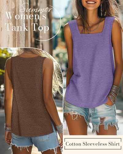 Huukeay 3 Pack Summer Women's Tank Tops Cotton Sleeveless Shirt Loose Fit Square Neck Tank Top with Side Slits(Sea Blue, Taro Purple, Mocha,X-Large)2