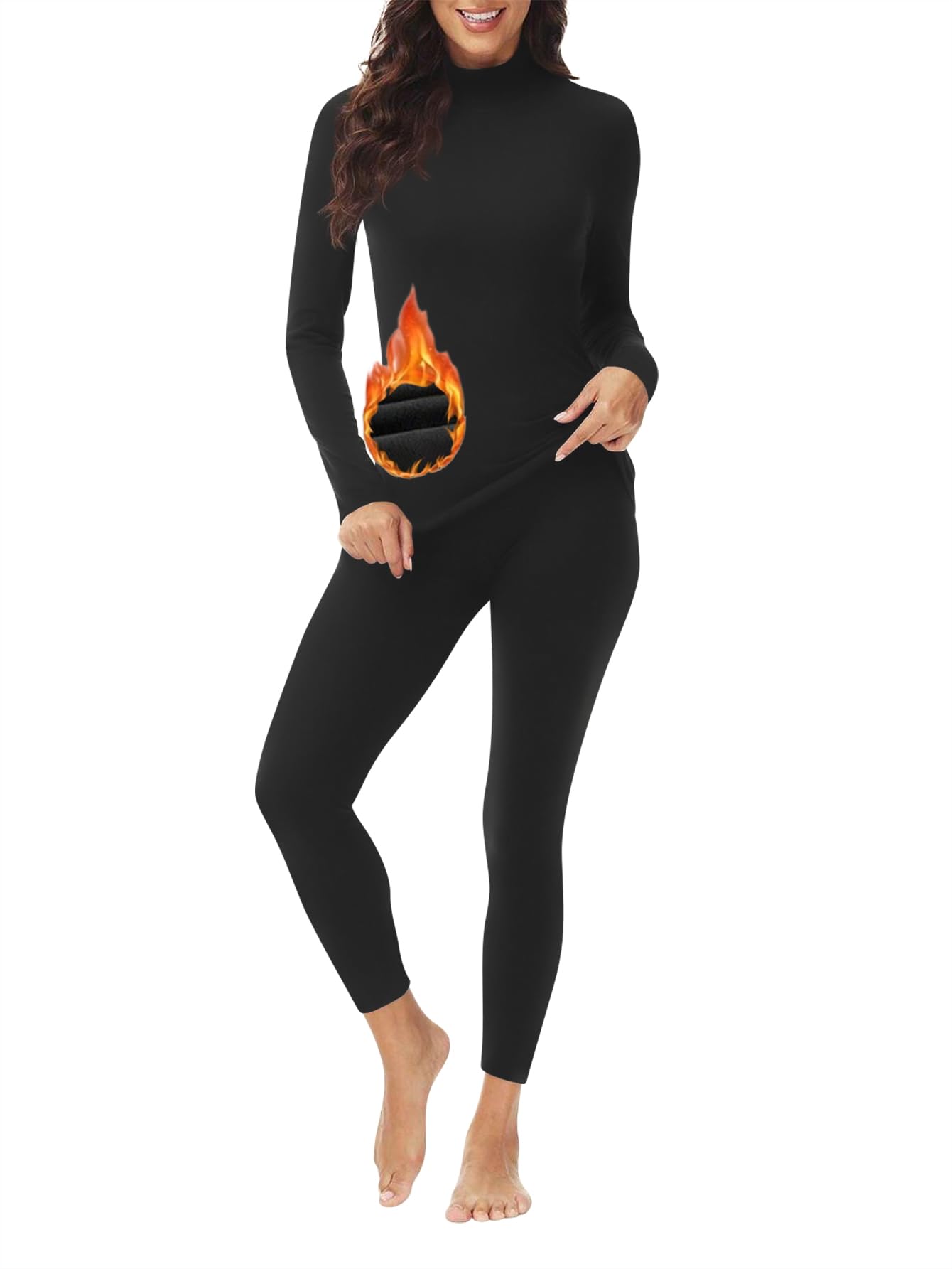Women's Mock Neck Thermal Underwear Winter Fleece Ultra-Soft Warm Base Layer Set