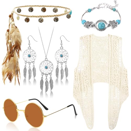 Saier tbo Lot de 6 costumes hippie pour femme - Style bohème des années 60 et 70 - Avec crochet bohème, gilet, plumes, coiffe, lunettes de soleil, collier, boucles d'oreilles, bracelet pour carnaval