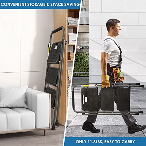 3 Step Ladder, Golyton Folding Step Stool With Anti-Slip Wide Pedal & Convenient Handgrip, 500Lbs Capacity Steel Ladder For Household And Office, Gray #TOP5