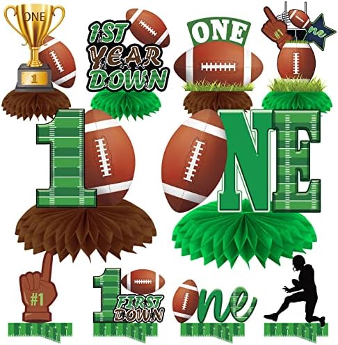 10Pcs Football 1st Birthday Decorations Honeycomb Centerpiece for Boys, First Year Down Football Theme Table Centerpiece Party Supplies, Sports Football One Year Old Birthday Table Topper Sign Decor