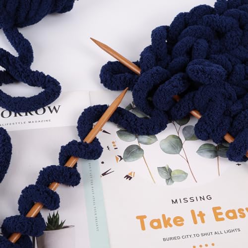 Image of 8 Jumbo Packs Chunky Chenille Yarn for Crocheting, 31.7 yds, 8 oz Each Skein Bulky Thick Fluffy Yarn for Knitting, Super Bulky Chunky Yarn for Hand Knitting Blanket, Soft Plush - Navy Blue
