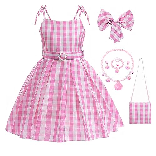 MITUN SEMI Girls Dress with Bright Pink Checkered and Matching Accessories for Girls Aged 6-7 Yeas Birthday Party Dress with Gift Pink Little Girl Summer Dresses