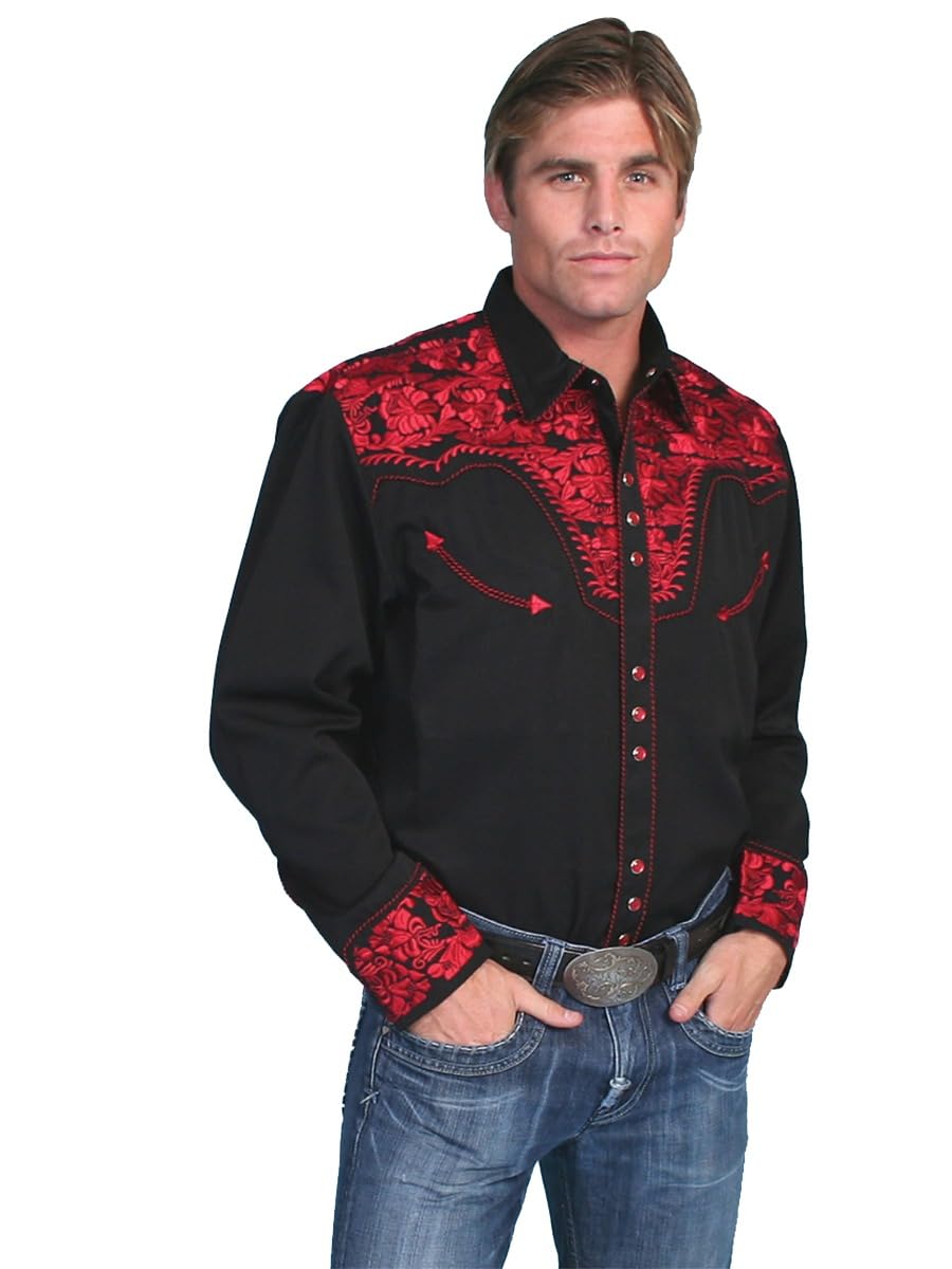 ScullyMen's Silver Embroidered Gunfighter Long Sleeve Western Shirt - P-634-Sil