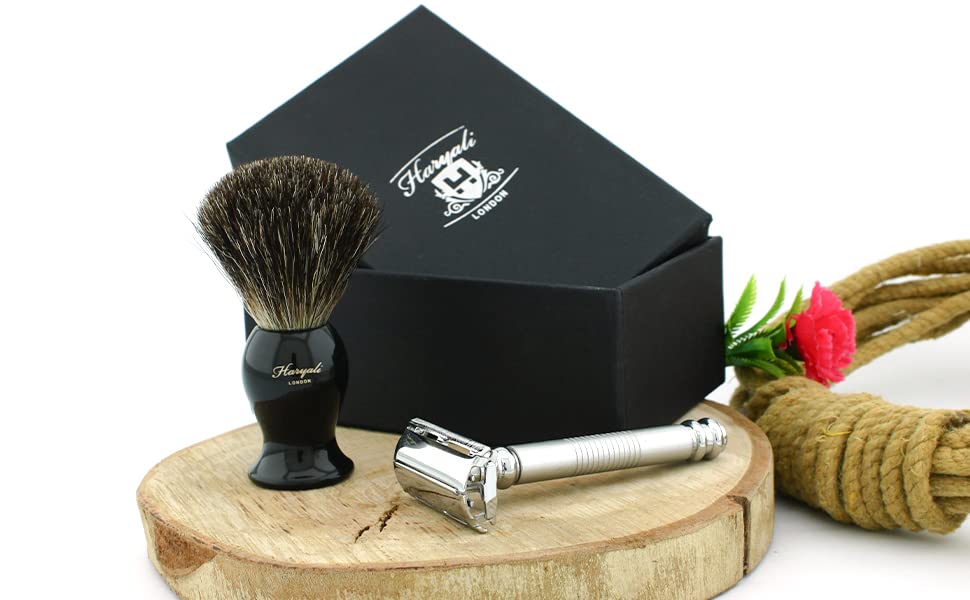 Men's Shaving Butterfly Safety Razor in Sliver with Stainless Steel Head (Blades not Included)& Black Badger Hair Brush.