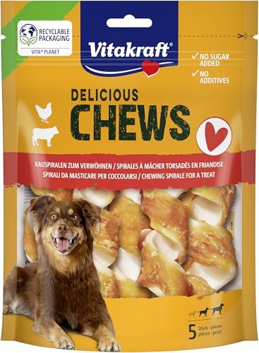 Vitakraft Delicious Chews, Hundekauknochen, Kauspirale aus Rinderhaut umwickelt mit Hühnchenfleisch, zur Beschäftigung, ohne Zusatz von Zucker (1x 100g)