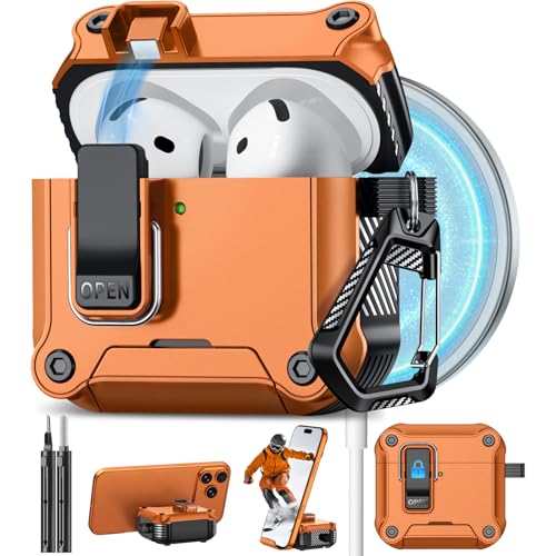 Image of Pohgelan for AirPods 4 Case with Safety Lock-Orange | Magnetic Automatic Lock with Cleaning Kit&Keychain,Compatible with Magsafe