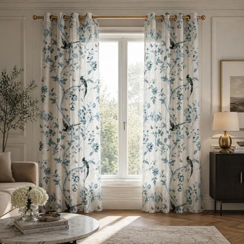 Image of LINENWALAS Decorative Cotton Curtains 8 Feet for Long Door - Indigo Charming Bird Printed Room Darkening Curtain | Grommet Hanging Style Pack of 2 Panels | 60-70% Sunlight Blocking - (Indigo Bird)