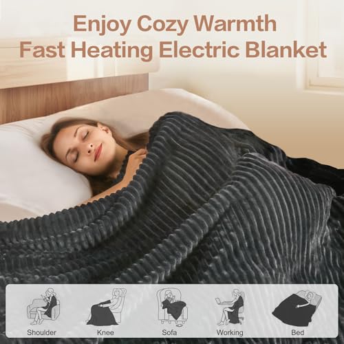 Image of Tefici Heated Blanket Throw Electric Blanket Throw,50 inchx60 inch Heating Blanket, 6 Levels Fast Heating, 1-4 Hours Auto Off, Soft Flannel to Sherpa,Machine Washable, ETL&FCC Certified Grey