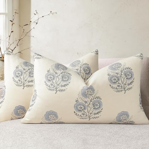 Image of YCOLL Vintage Floral Print Pillow Covers 12x20 Set of 2 Patterned Accent Decorative Cushion Covers Modern Farmhouse Throw Pillow Covers for Sofa Couch Chair Bed Living Room Home Decor, Dusty Blue