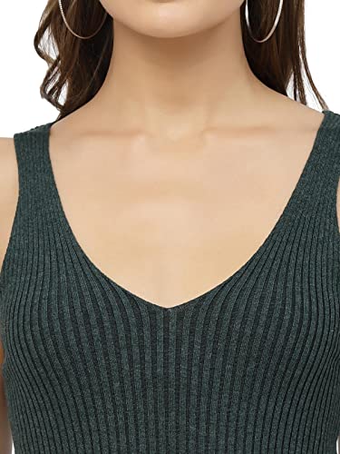 Image of Kalt Women Knitted, Ribbed Cotton Fitted Sleeveless V-Neck Cami Tank Top for Women Stylish