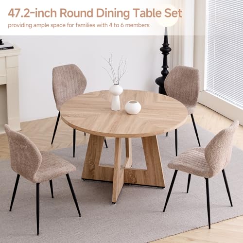 Image of 47 inch Round Dining Table Set for 4, Kitchen Table and Chairs | Wooden Cross Base, Boucle Fabric Chair, for Apartment