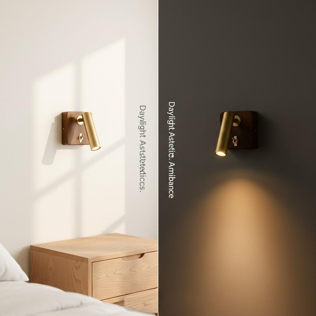 Reading Wall Lamp, Walnut LED Wall Sconce, Rotatable Spotlight with Toggle for Bedroom, Bedside, Living Room, Study, Entryway, Nordic Fixture, Loft Home, Study Corner Parlor(Silver)