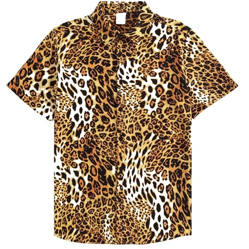 Men's Leopard Print Shirt Summer Short Sleeve Cheetah Animal Print Hawaiian Button-Down Shirts