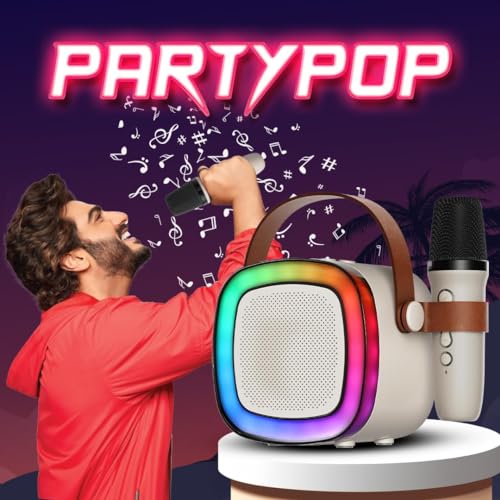 Image of Party POP LM BT1116 Bluetooth Speaker: 10W RMS Stereo Sound, Wireless Mic, 3 Voice Converters, RGB Lights, 8Hrs Music, Multi-Compatibility, Type-C Charging