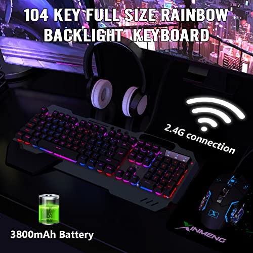 Image of Wireless Gaming Keyboard and Mouse Combo,Rainbow LED Backlit Keyboard with Rechargeable 3800mAh Battery Metal Panel,Removable Wrist Rest Mechanical Feel and 7 Color Mute Gaming Mice for PC PS4 PS5