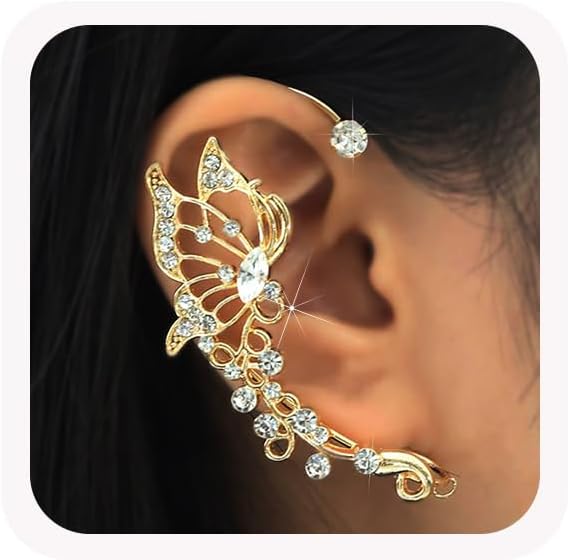 2Pcs Butterfly Ear Cuffs Rhinestone Clip On Earrings | Rhinestone butterfly ear cuffs with non piercing clip on design; silver ear wrap climber jewelry for parties and weddings