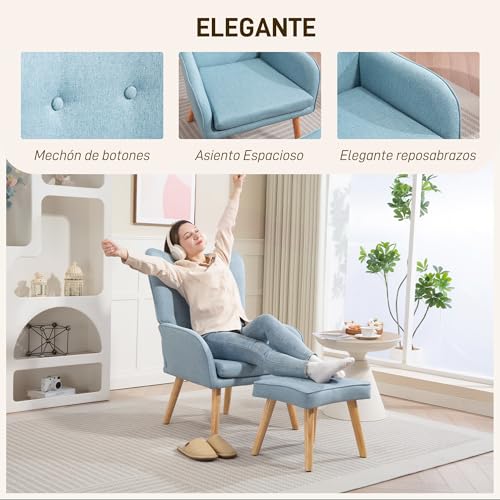 Miniatura 6 de Homcom Sillón Con Reposapiés Sillón Lectura Con Respaldo Alto Capitoné Asiento Amplio Patas De Madera Y Tapizado En Lino Butaca Para Salón Dormitorio Oficina Azul Claro