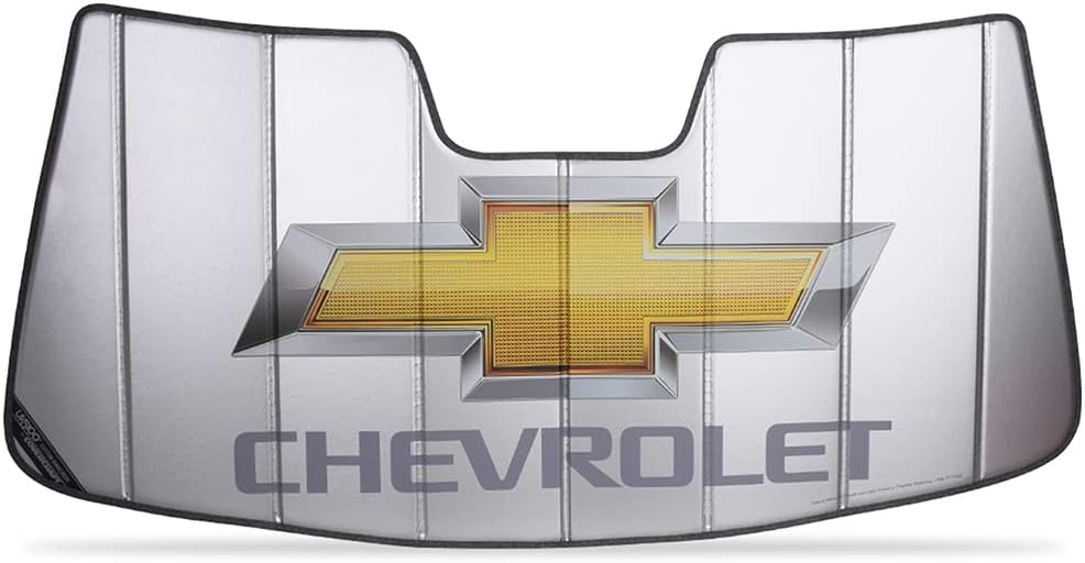 Custom Fit Accordion Windshield Sunshade Chevrolet Bowtie Logo – Insulated Reflective Silver Foldable Sun Shade Blocks UV Rays & Heat for 2014-2019 Chevy Truck/Suburban/Tahoe No Lane Departure