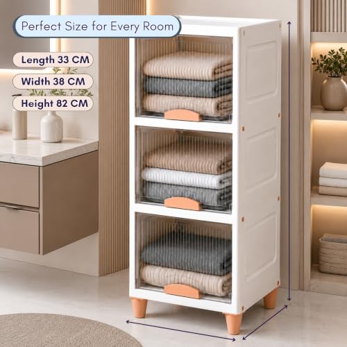 Image of HoopVool Foldable Storage Cabinet, Stackable Plastic Storage Box with Front Opening Door, Dustproof Organizer for Clothes, Toys, Books, Bathroom & Bedroom (3-Tier (33 X 38 X 82 CM))