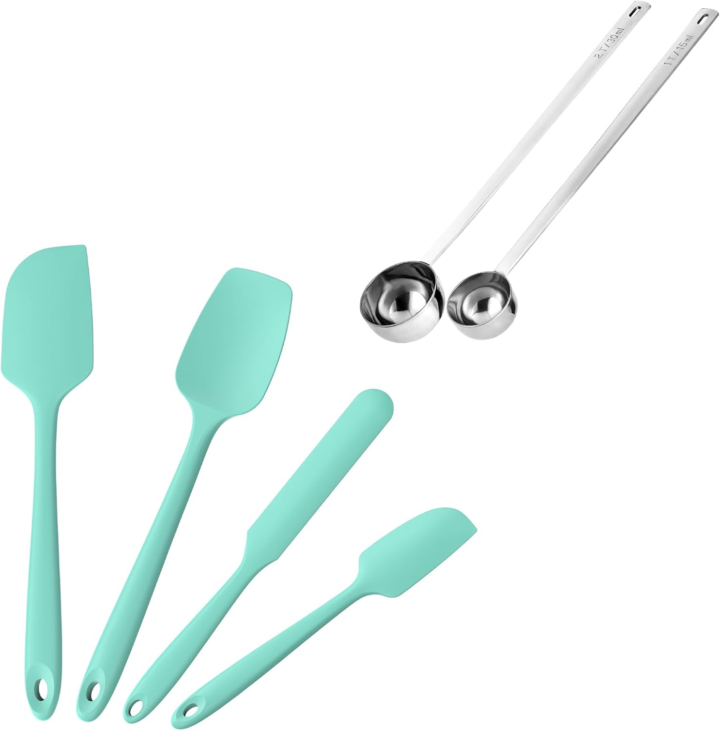 Doosu 600°F Heat Resistant Silicone Spatula Set of 4 for Cooking Baking Mixing(Aqua Sky) & 18/8 Stainless Steel Coffee Scoops Measuring Spoon Set for Ground Coffee Beans Espresso(9.9+10.2in, 1+2Tbsp)