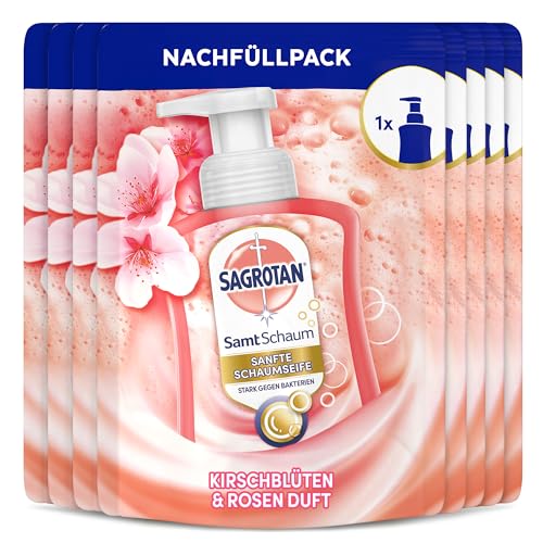 Sagrotan Samt-Schaum Nachfüller Kirschblüte & Rose – Antibakterielle Schaumseife – 8 x 250 ml im praktischen Vorteilspack