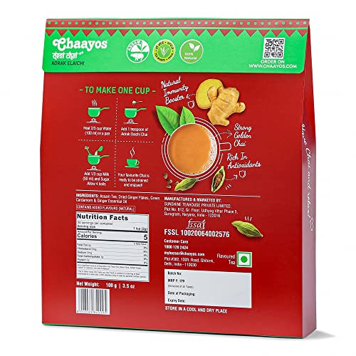 Image of Chaayos Adrak Elaichi Tea (Ginger and Cardamom) - Premium Desi Chai Patti for Authentic Masala Flavour | Immunity Booster- 100g [50 Cups]